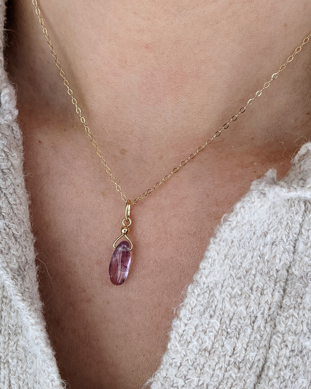 Natural purple amethyst pendant on a 14k gold-filled delicate chain necklace