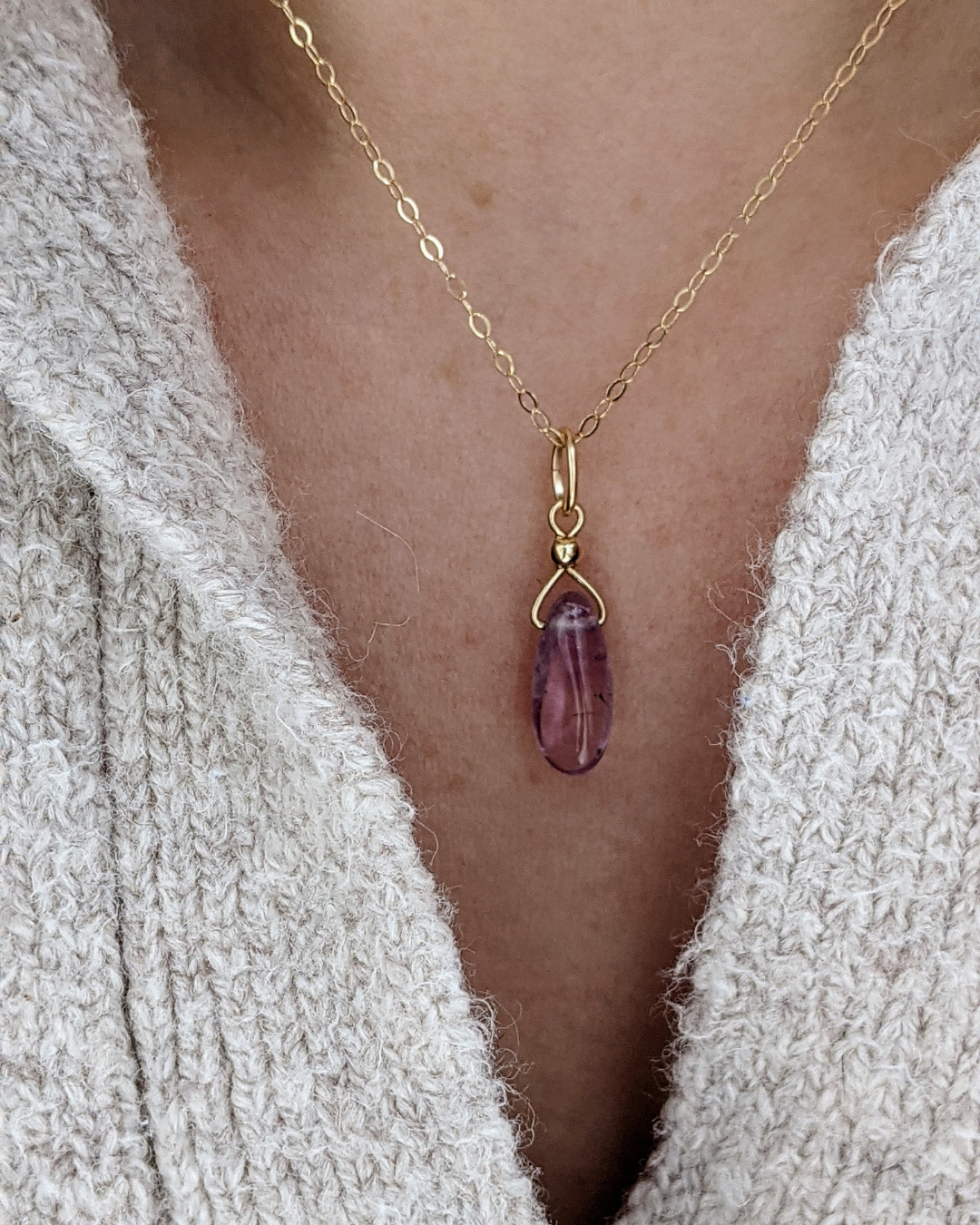 Natural purple amethyst pendant on a 14k gold-filled delicate chain necklace