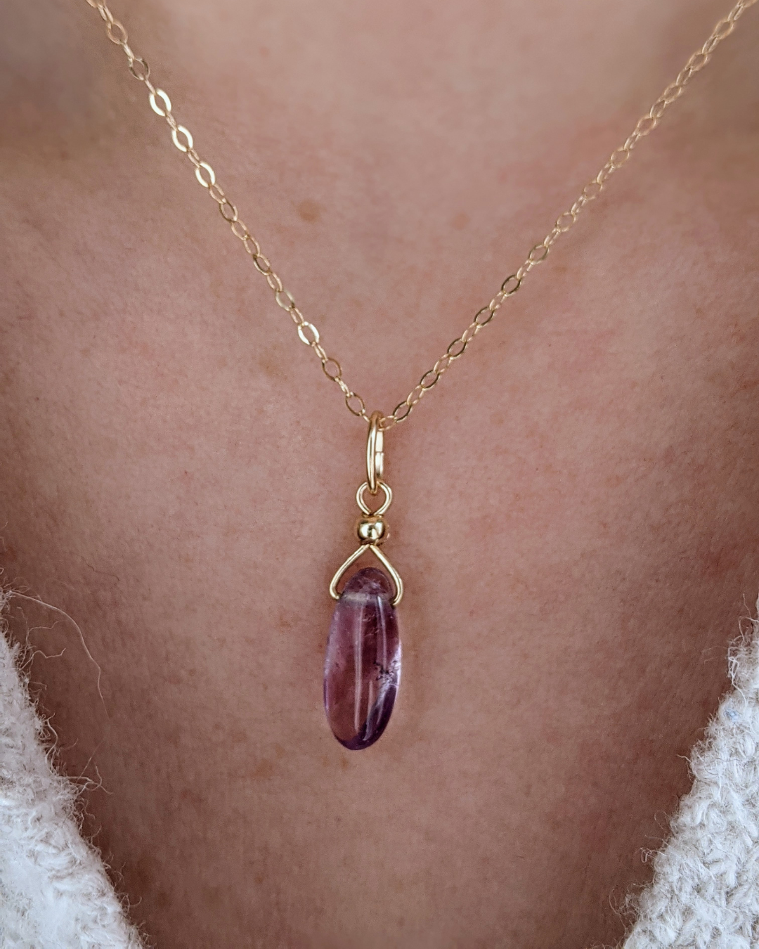 Natural purple amethyst pendant on a 14k gold-filled delicate chain necklace