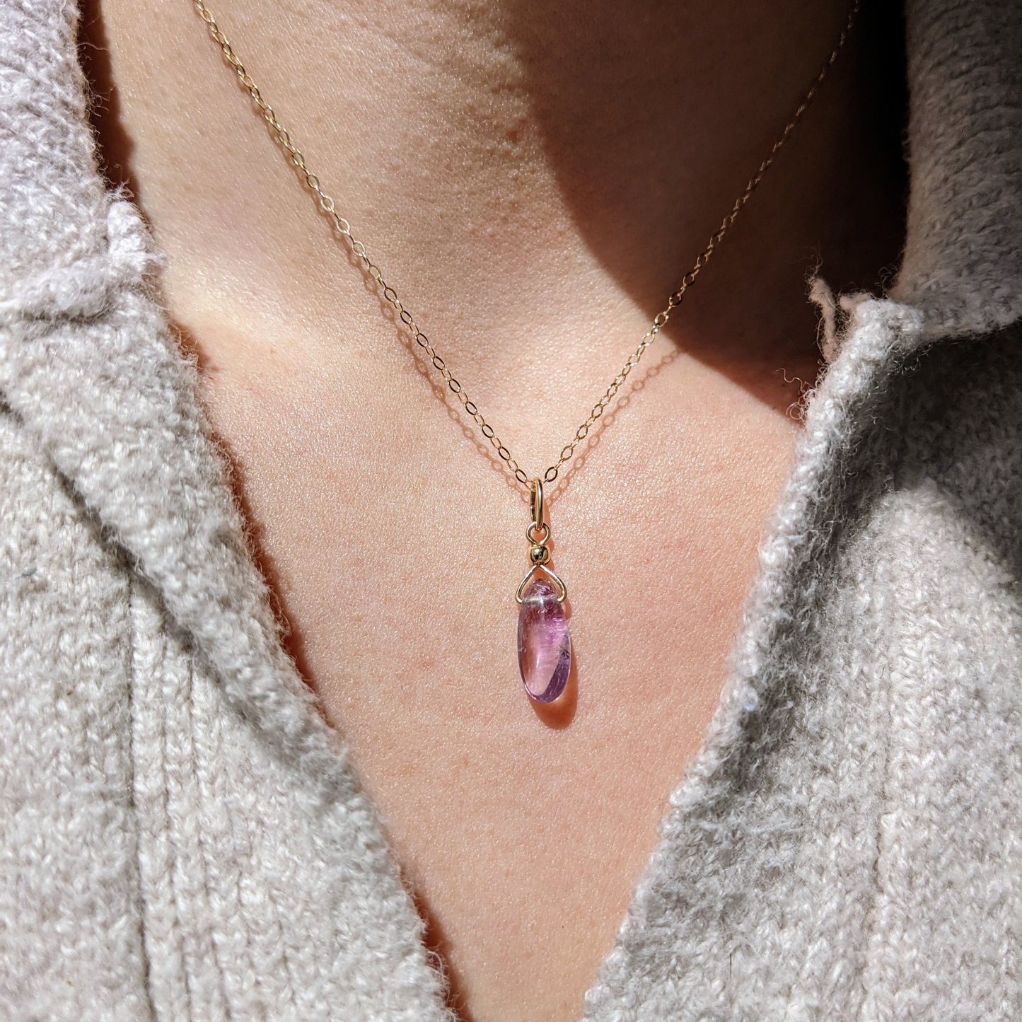 Natural purple amethyst pendant on a 14k gold-filled delicate chain necklace