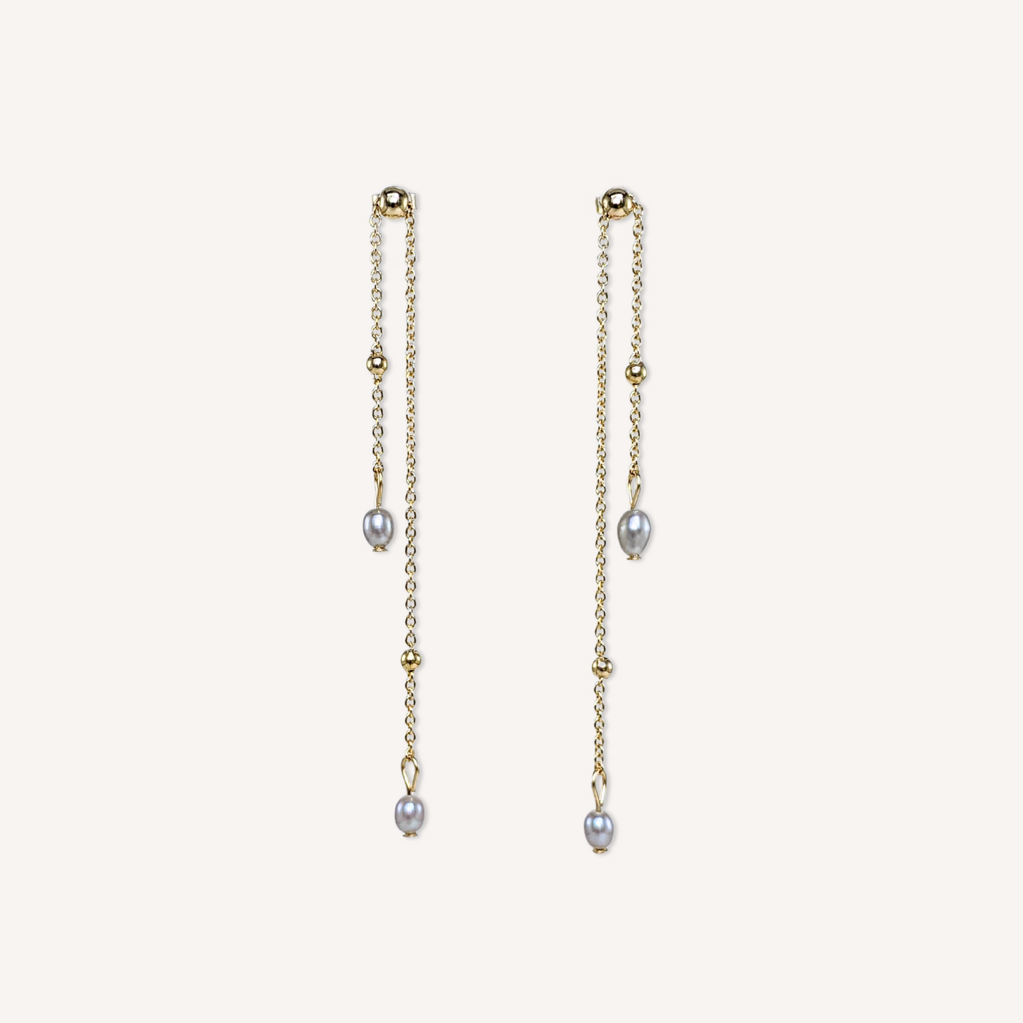 Light grey freshwater pearls adjustable stud earrings with 14k gold-filled beads on dangling micro chains