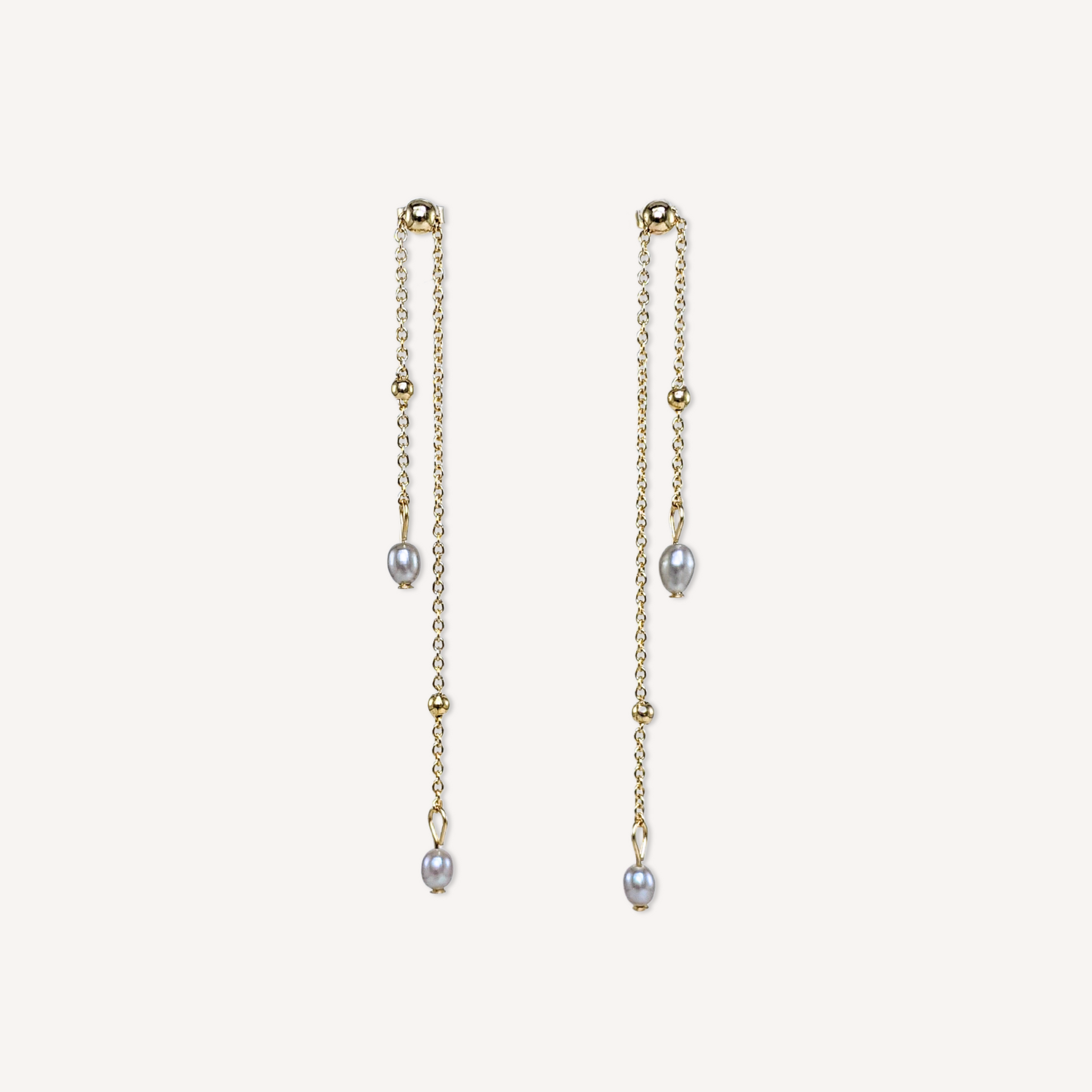 Light grey freshwater pearls adjustable stud earrings with 14k gold-filled beads on dangling micro chains