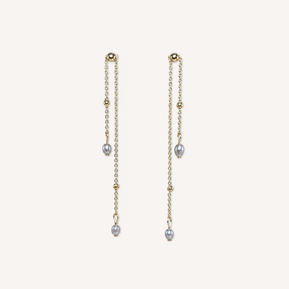 Light grey freshwater pearls adjustable stud earrings with 14k gold-filled beads on dangling micro chains