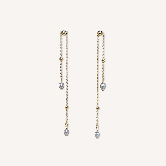 Light grey freshwater pearls adjustable stud earrings with 14k gold-filled beads on dangling micro chains