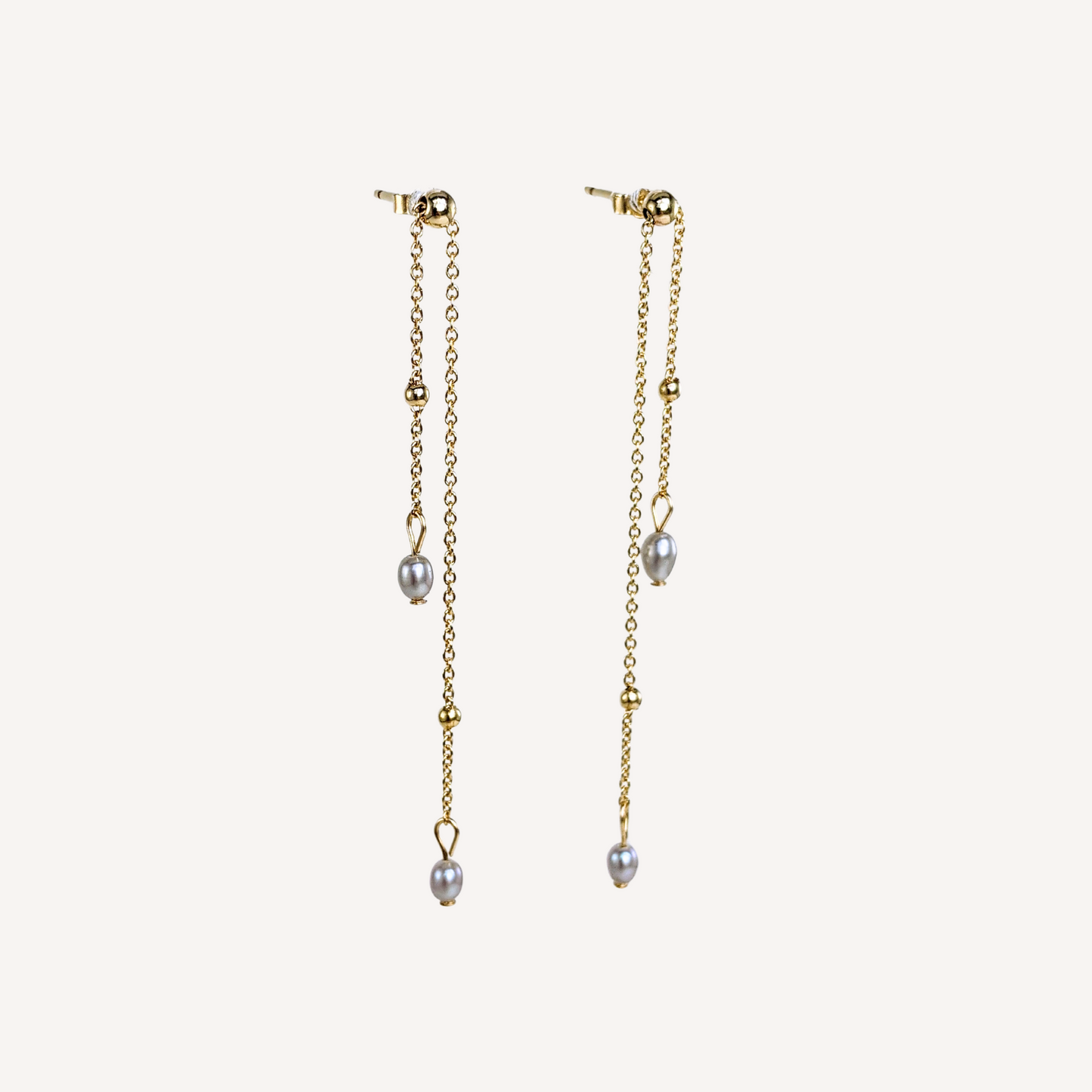Light grey freshwater pearls adjustable stud earrings with 14k gold-filled beads on dangling micro chains