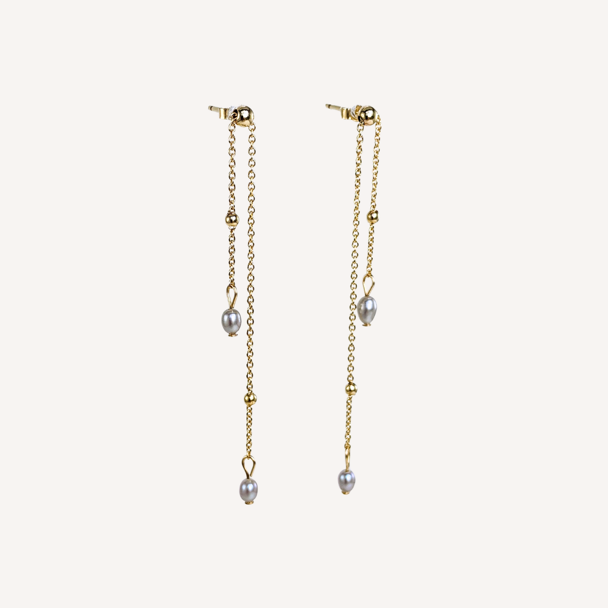 Light grey freshwater pearls adjustable stud earrings with 14k gold-filled beads on dangling micro chains