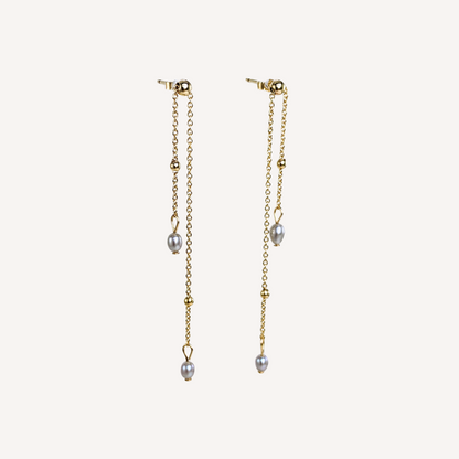 Light grey freshwater pearls adjustable stud earrings with 14k gold-filled beads on dangling micro chains