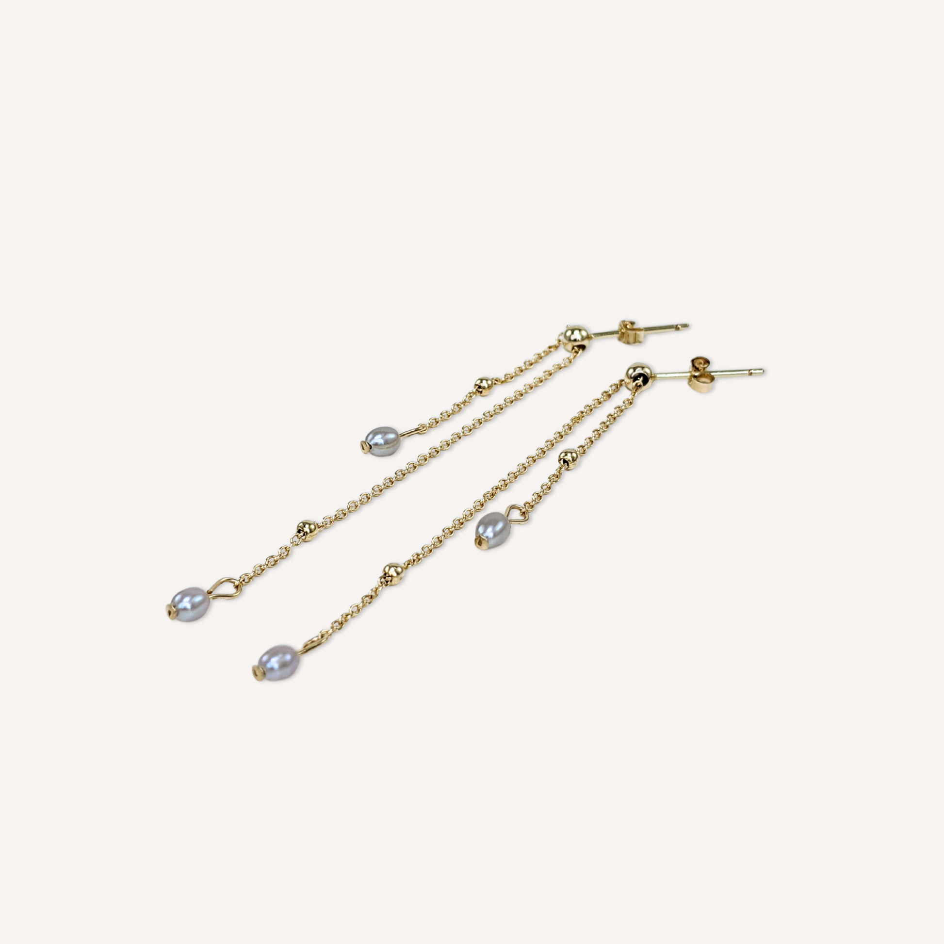 Light grey freshwater pearls adjustable stud earrings with 14k gold-filled beads on dangling micro chains