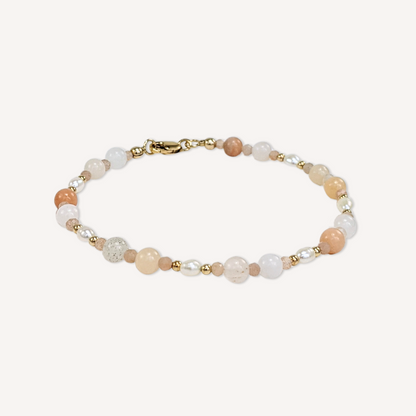 Pink aventurine and peach moonstone beads bracelet with natural white freshwater pearls and 14k gold-filled clasp