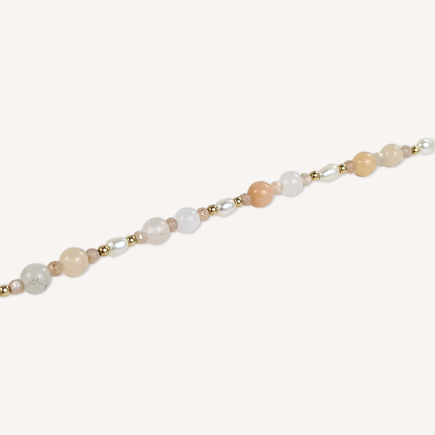 Pink aventurine and peach moonstone beads bracelet with natural white freshwater pearls and 14k gold-filled clasp