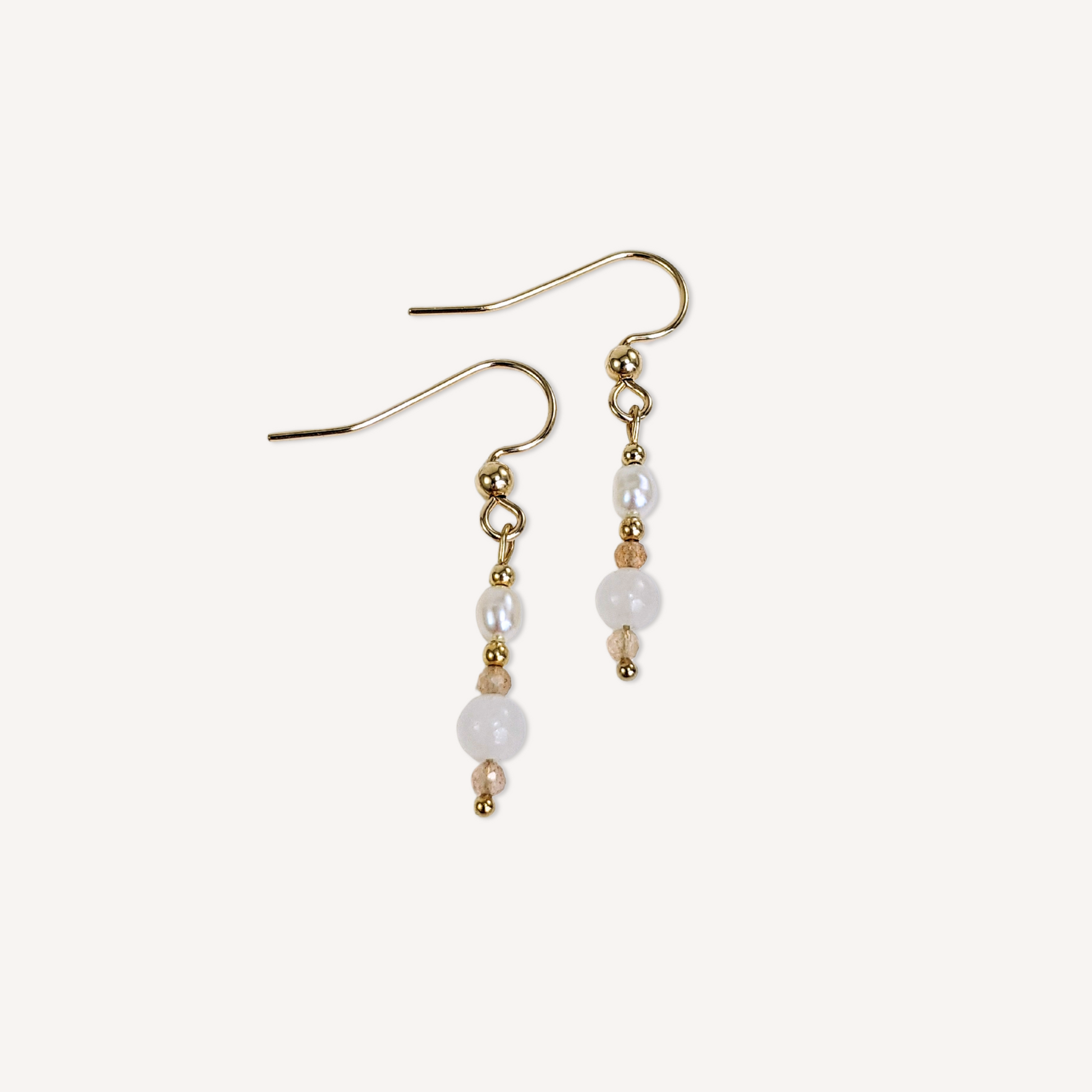 Pink aventurine and peach moonstone beads drop earrings with natural white freshwater pearls on 14k gold-filled hooks