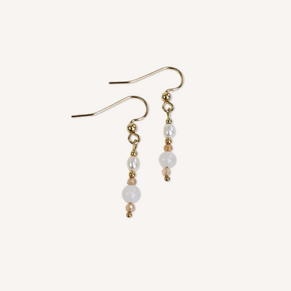 Pink aventurine and peach moonstone beads drop earrings with natural white freshwater pearls on 14k gold-filled hooks