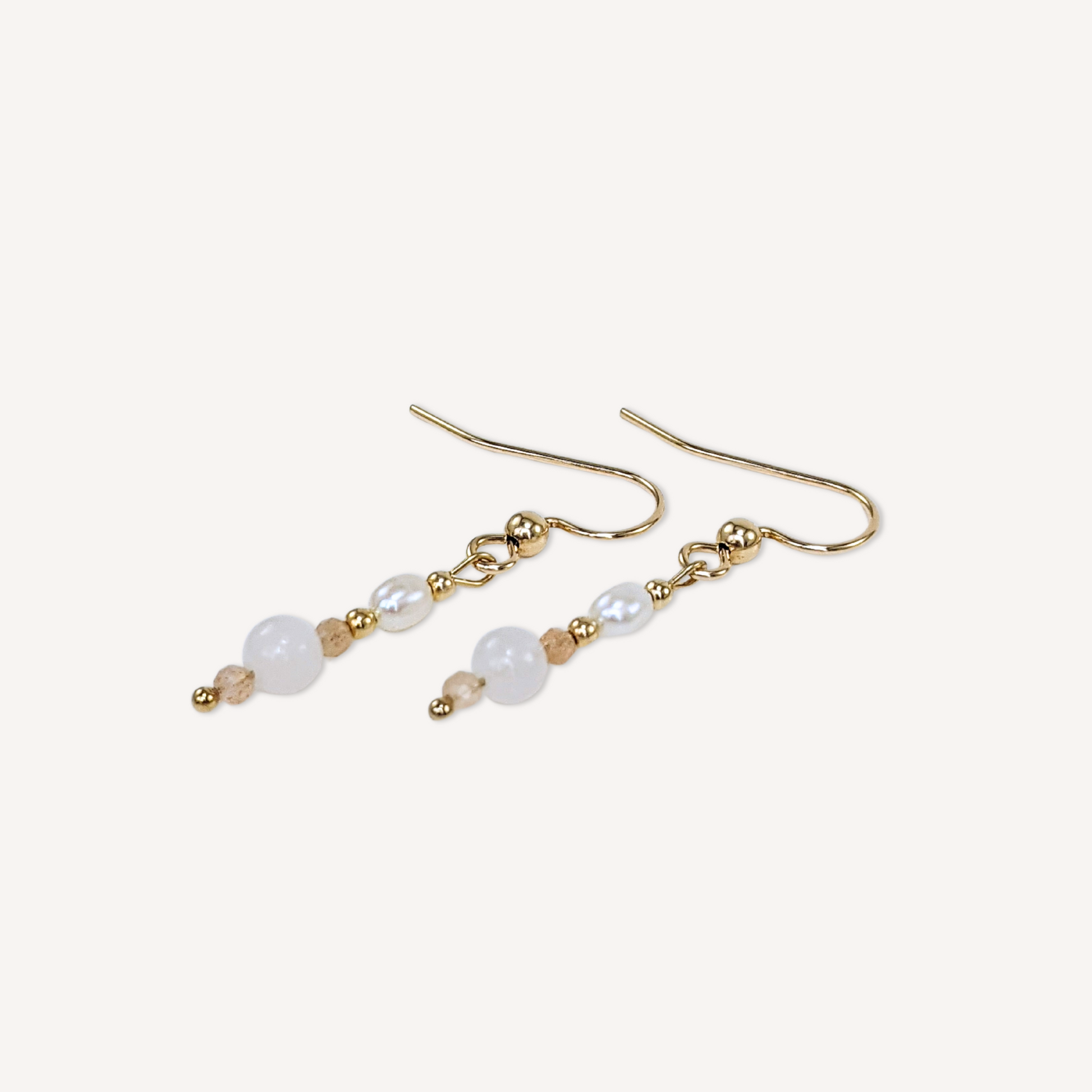 Pink aventurine and peach moonstone beads drop earrings with natural white freshwater pearls on 14k gold-filled hooks
