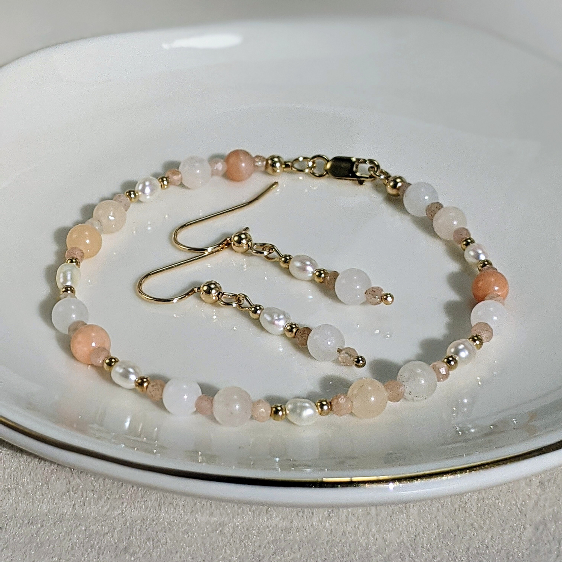 Pink aventurine and peach moonstone beads bracelet and drop earrings set with natural white freshwater pearls and 14k gold-filled findings